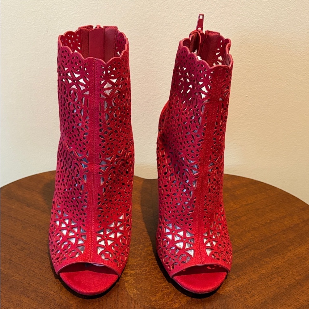 Aldo  open toe heeled boots  Red suede like   cut out Lace look  4” heel size 7